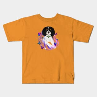 Magical Cavalier King Charles Spaniel and Butterflies, Tri Colored Kids T-Shirt